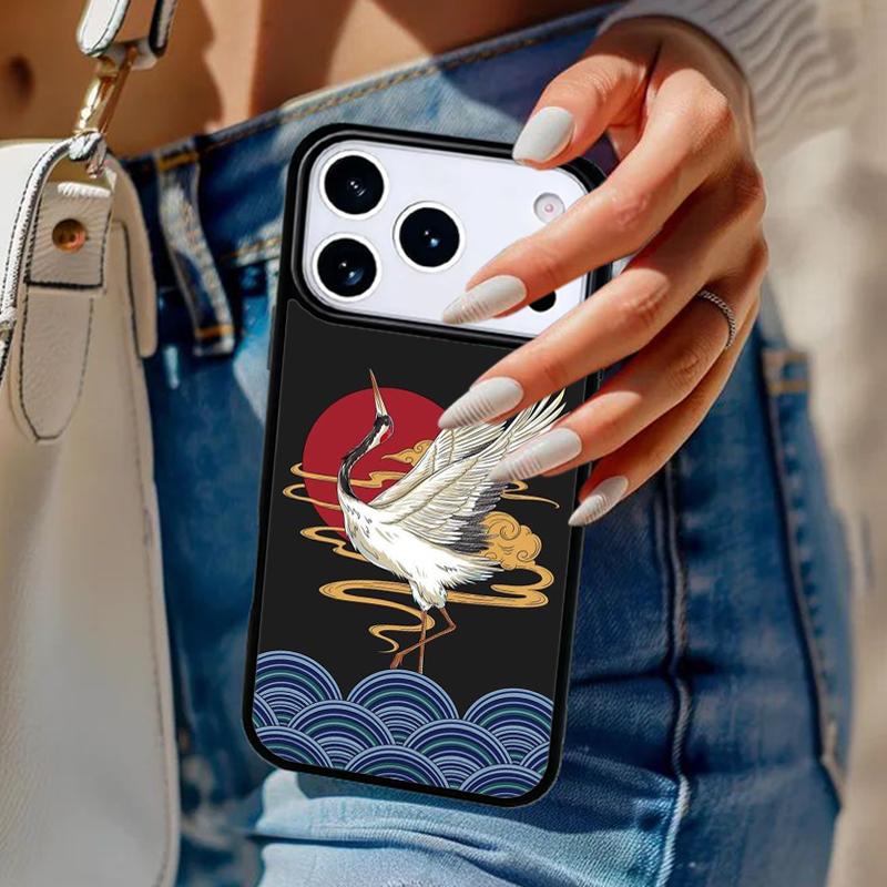 Japanese Style Crane Cherry Phone Case For iPhone 17 Air 14 15 13 12 Max Cover For Apple 14 15 16 16e 11 Pro Max Plus
