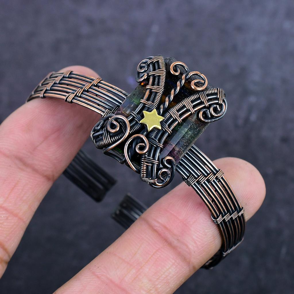 Ammolite Gemstone Handmade Copper Wire Wrap Cuff Bangle Adjustable ET-4972