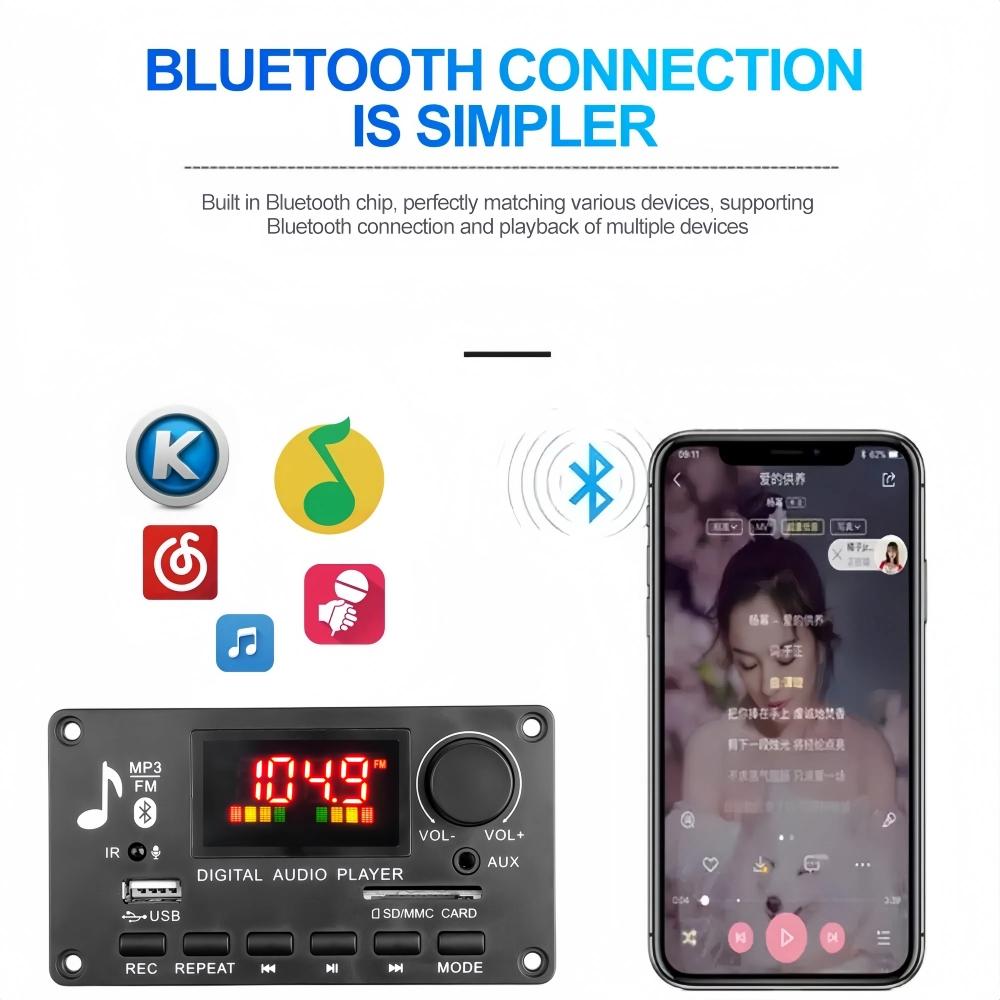 2x40W Amplifier 5V-26V MP3 Player Bluetooth 5.0 Decoder Board Car FM Radio Module Support TF USB AUX 3.5 WAV Call Recording