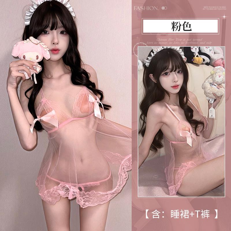 Sexy lingerie pure lace suspender mesh see-through nightdress temptation small chest free set