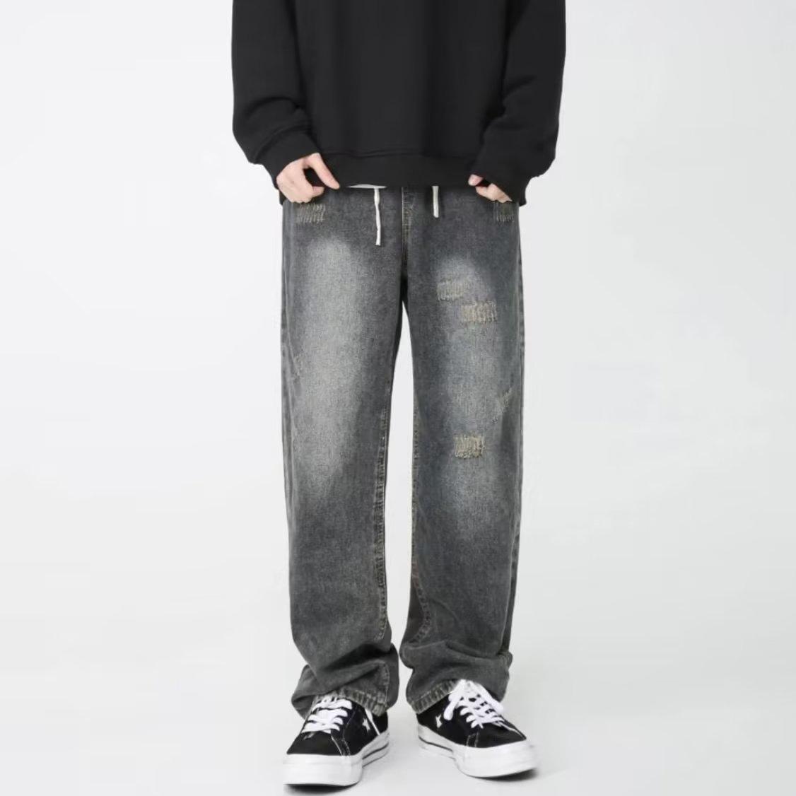 Джинсы мужские JYL Винтажные Темно-синие Стиранные Многокарманные Карго Прямые Расклешенные Джинсовые Брюки S