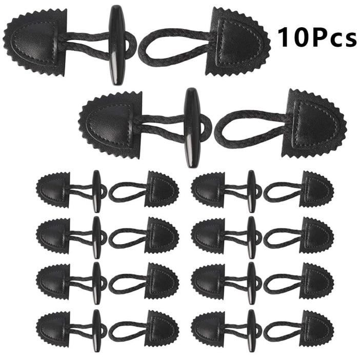 Boutons de Couture - Artisanales - Cuir Corne à Bascule - 10 Paires - Noir - 14 x 4 cm
