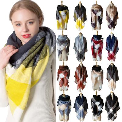 Autunno Inverno Giallo Grigio Cashmere Sciarpa Quadrata a Grandi Quadri da Donna Scialle Grande Double-Face