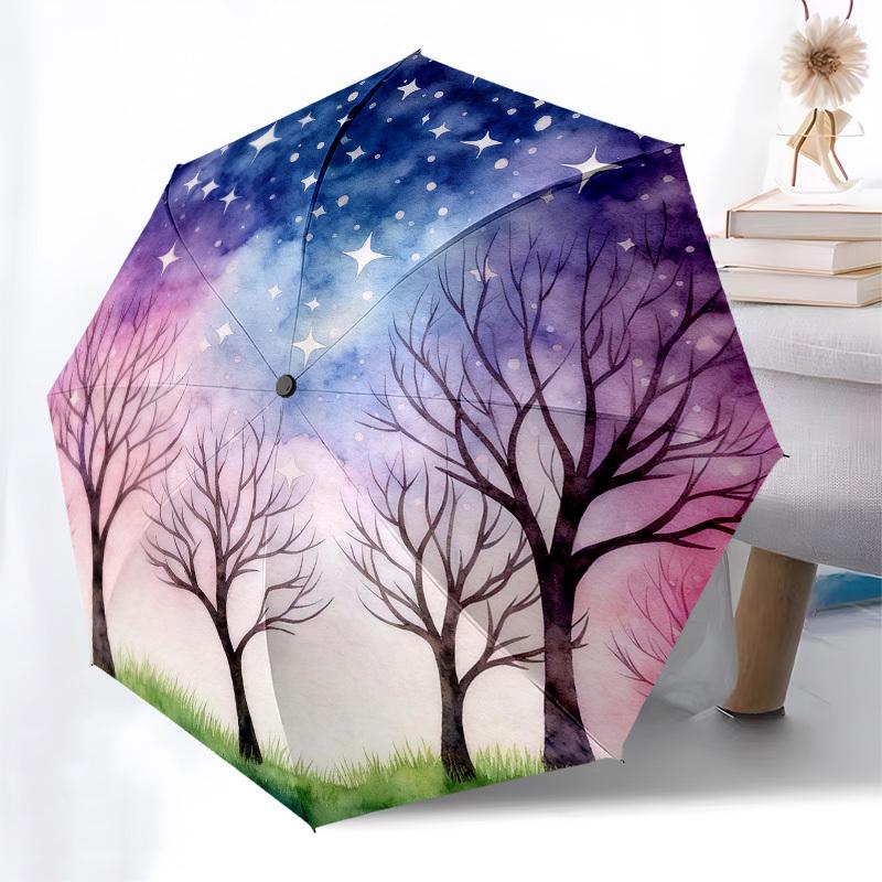 1pc night sky trees Automatic Folding Umbrella, Heavy Duty 8 Rib Iron Frame,  Suitable for Travel, Daily Use, Birthday, Decor Gift  04