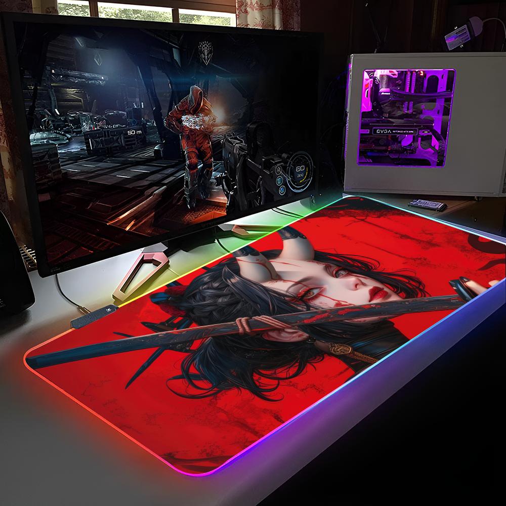 Anime Demon Girl Samurai Katana Mouse Pad RGB Backlit Mouse Pad Laptop Mouse Pad Laptop Gamer Computer Desk Gaming Accessories