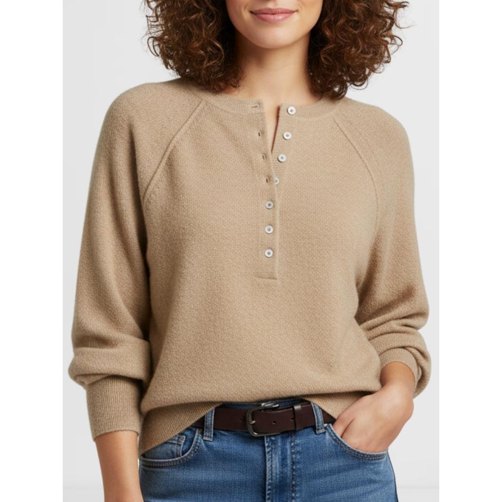 Women's Round Neck Long Sleeve Knit Sweater Loose Fit Button Detail Henley Pullover Top