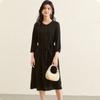 [Double Qiao Crown Le Crepe Splicing] Spring and Summer New Round Neck Medium length Shoulder Concealed Waist for Slimming Mulberry Silk Dress