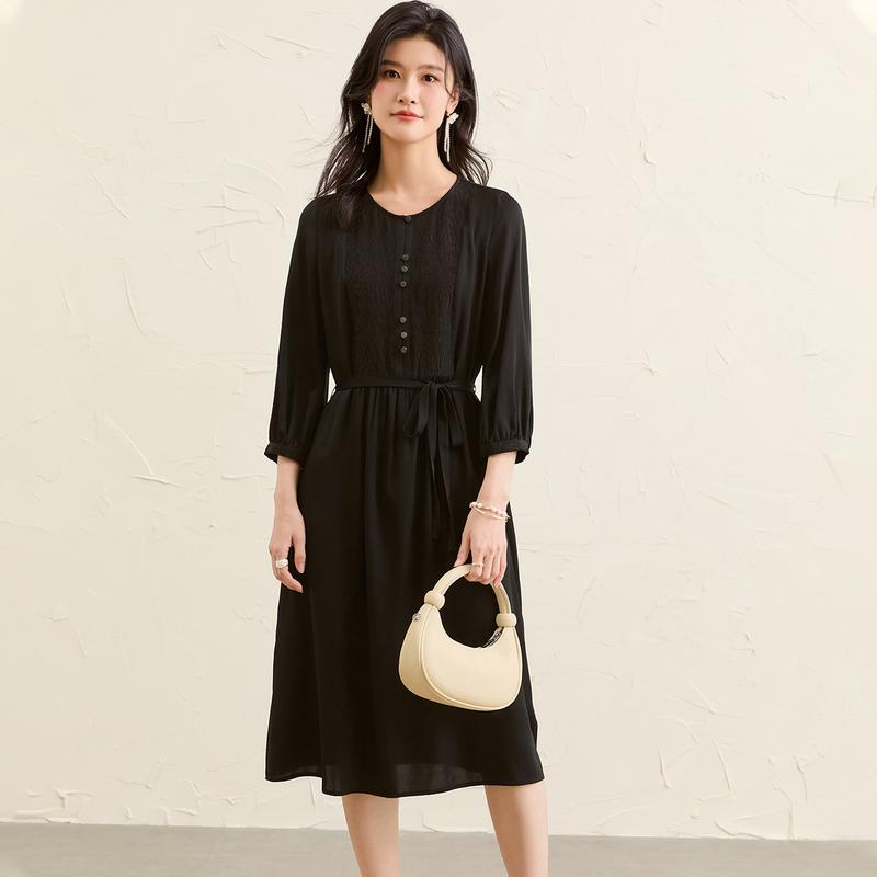 [Double Qiao Crown Le Crepe Splicing] Spring and Summer New Round Neck Medium length Shoulder Concealed Waist for Slimming Mulberry Silk Dress