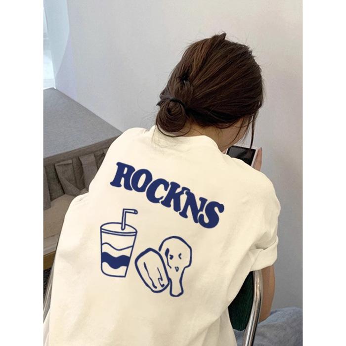 

Лето 2025 новая хлопковая студенческая футболка Харадзюку женский топ нишевый забавный принт белый короткий рукав S