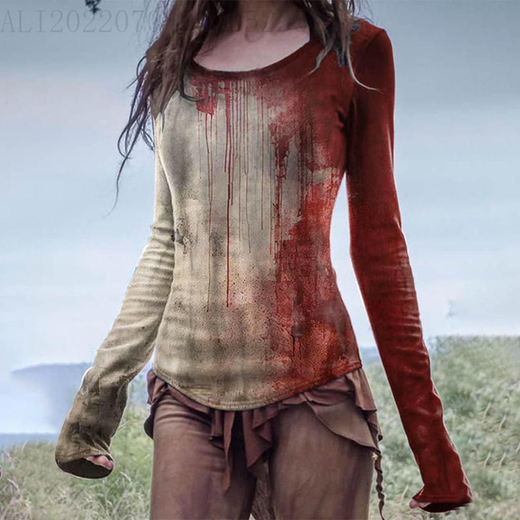 Women's Scoop Neck Long Sleeve T-Shirt Halloween Blood Hand I'm Ok It's Not My Blood 3D Print Gothic Casual Top S-5XL