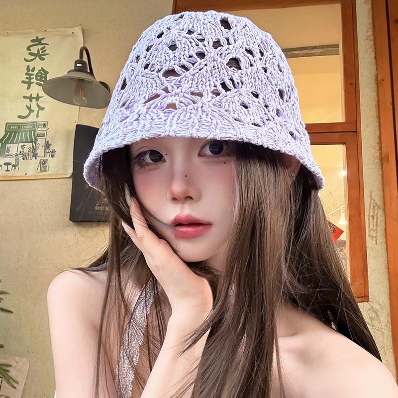 Women Hollow Floral Crochet Bucket Hat Breathable Openwork Wide Brim Sun Cap Lightweight Knit Fisherman Hat for Summer Daily Outdoor Travel Beach