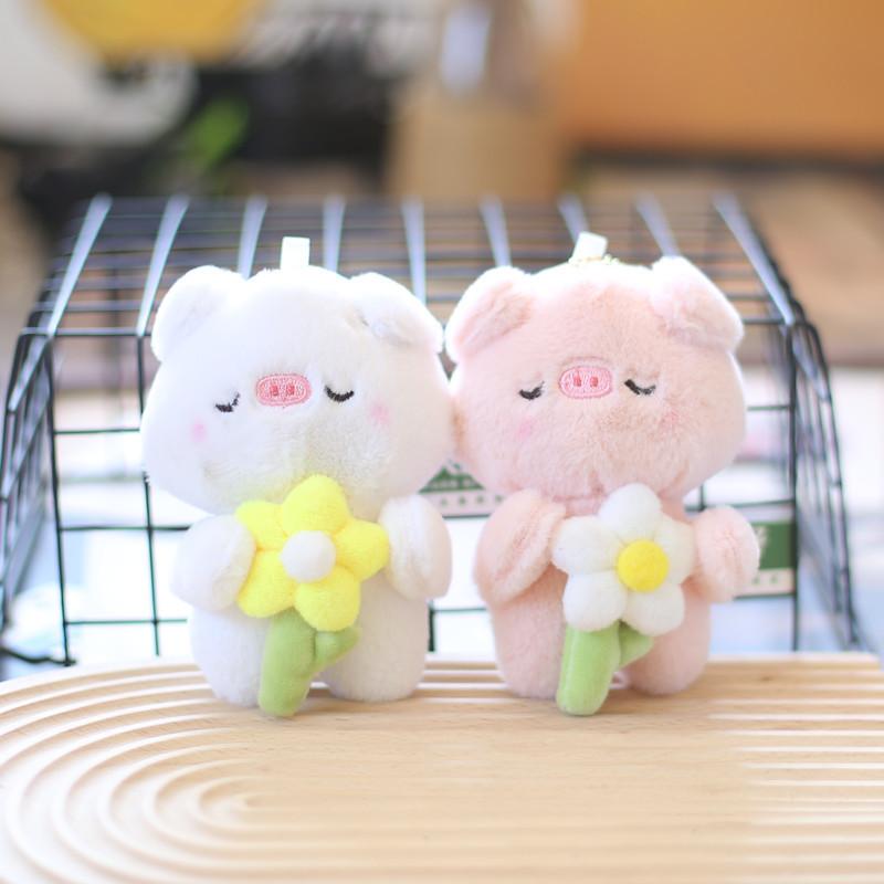 Fluffy Pig Plush Keychain Soft Animal Backpack Decoration Cute White Pink
