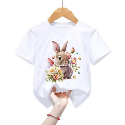 Kids T-Shirts  Bunny Print Children's Clothing Boys Girls Cartoon Flower Tops Vintage Animal Casual Fashion Kids T-Shirts