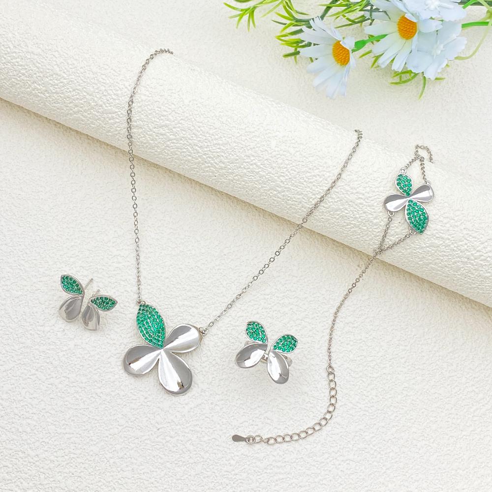 Flora Romantic Sparkling Four Leaf Clover Zircon Set Copper Women's Jewelry Anniversary Dating Earrings Necklace Ring Bracelet