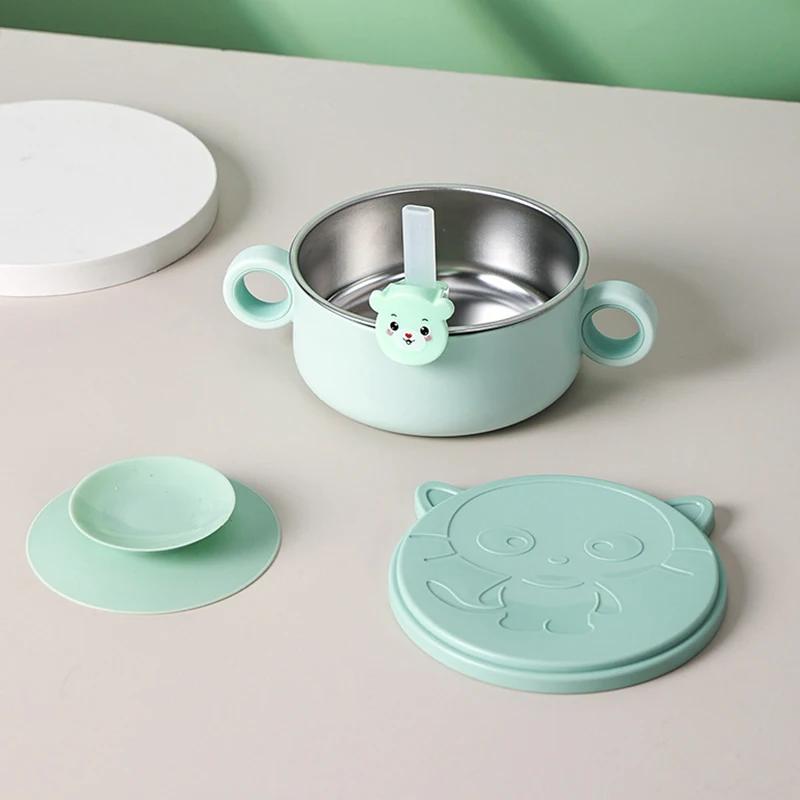 Baby Bowl Stainless Steel Tableware Set Baby Feeding Bowl with Suction Cup Spoon Fork Straw Set Toddler Training Feeding Bowls
