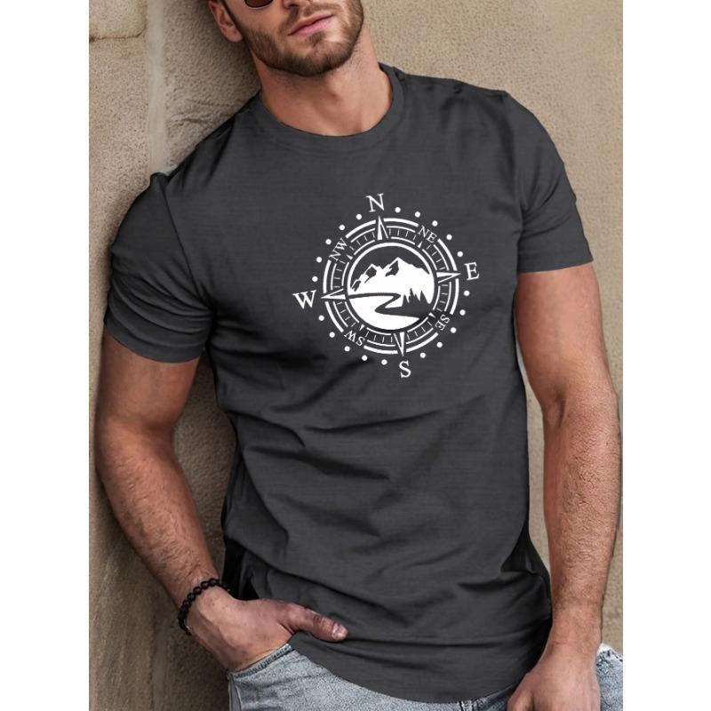 Men's casual loose plus size Compass pattern printed sports round neck short sleeved T-shirt top