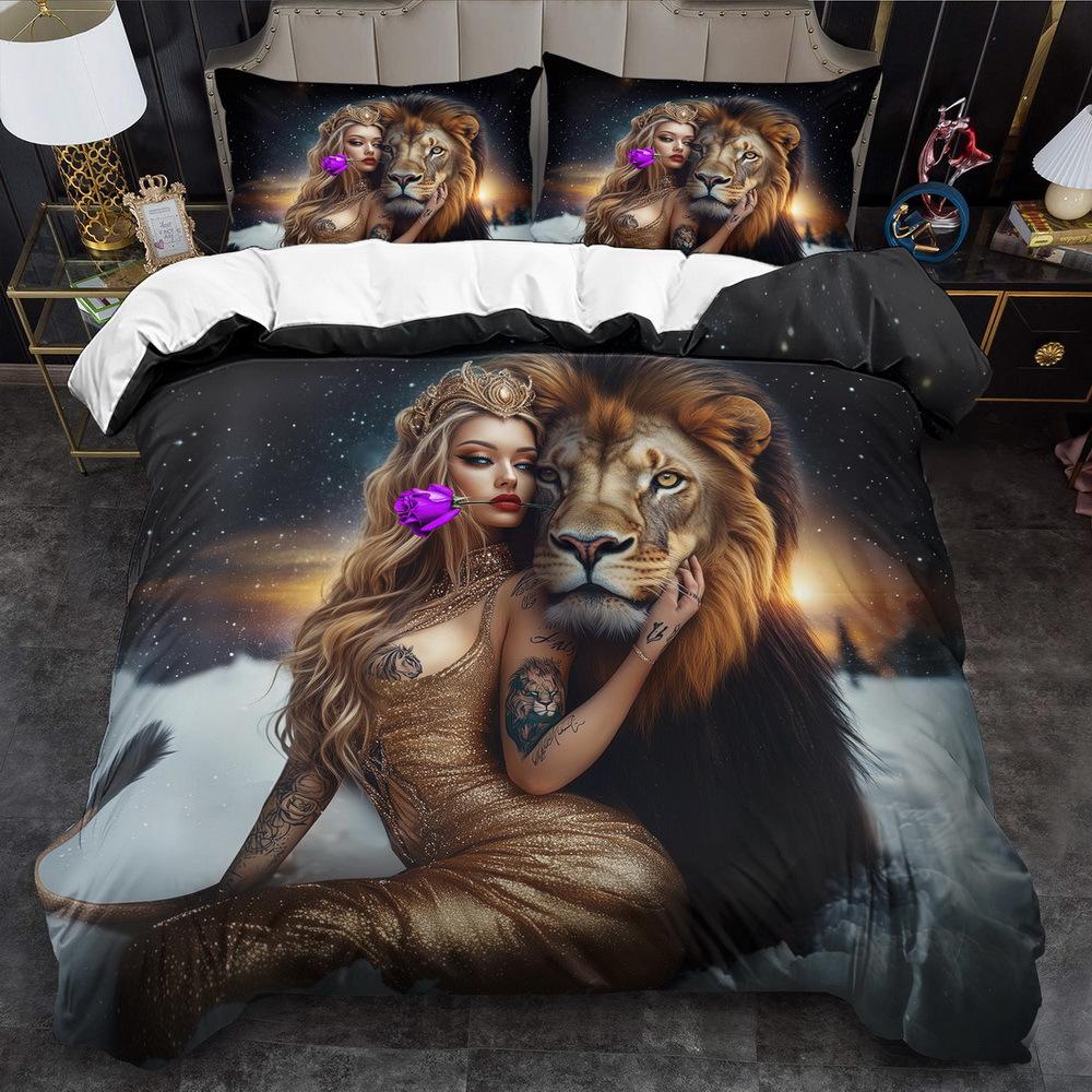 

1 Set Lion and Beauty Theme Duvet Cover Set - 2/3pcs, Soft Breathable Polyester Bedding with Cartoon Print, Digital Printed Duvet Cover Set&EU Single(135x200cm)