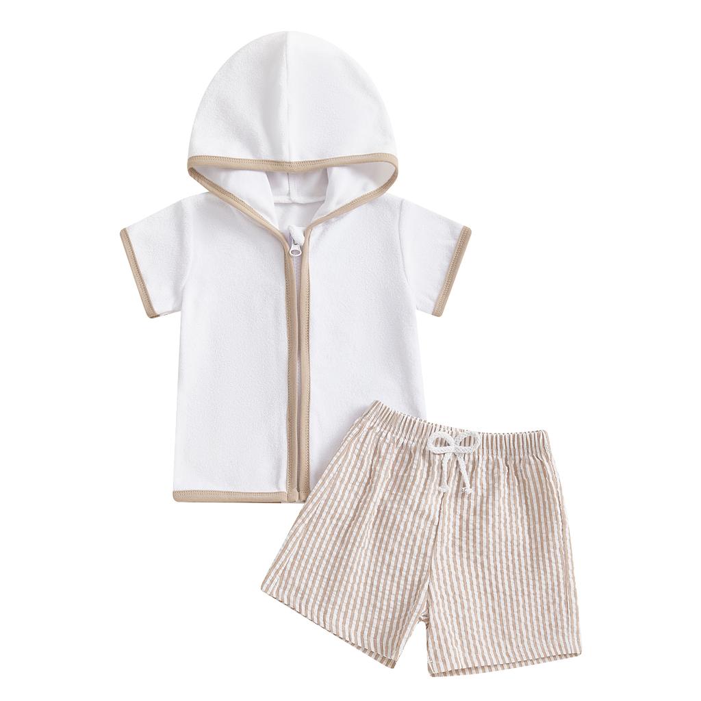Toddler Boy Girl Beach Cover Up Set Short Sleeve Zipper Hood Tops with Stripe Print Shorts Outfit