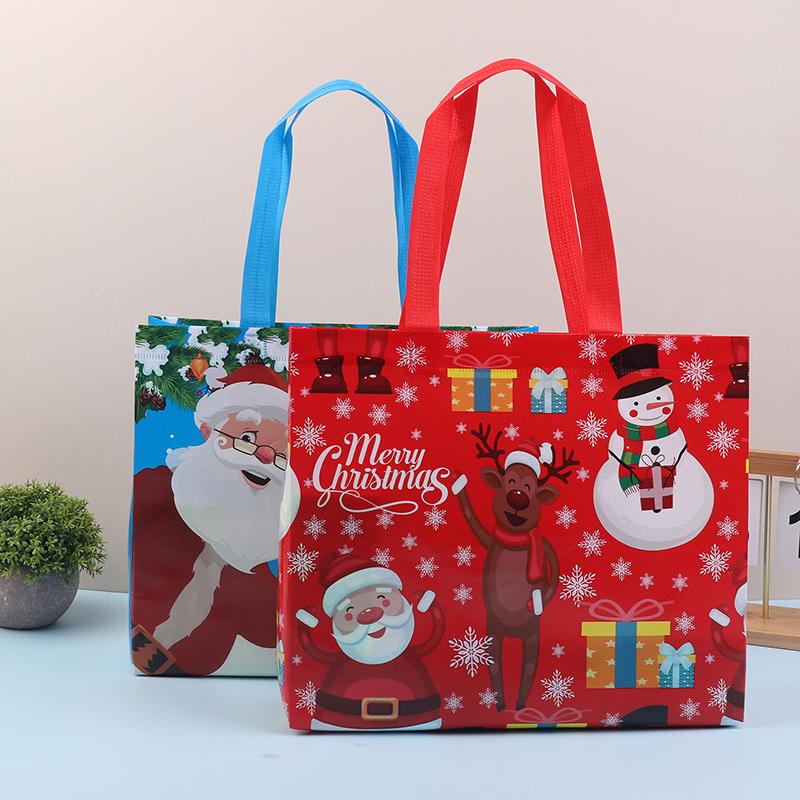 10Pcs Tote Bags Santa Elk Snowflake Tote Bags Thickened Non-Woven Printed Waterproof Bags Christmas Gift Decoration Bags