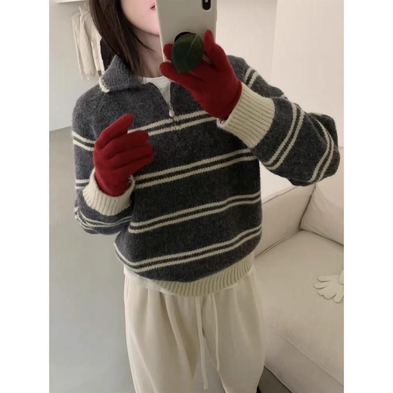 Korean-Style Striped Polo Collar Loose Thick Top for Autumn/Winter Women