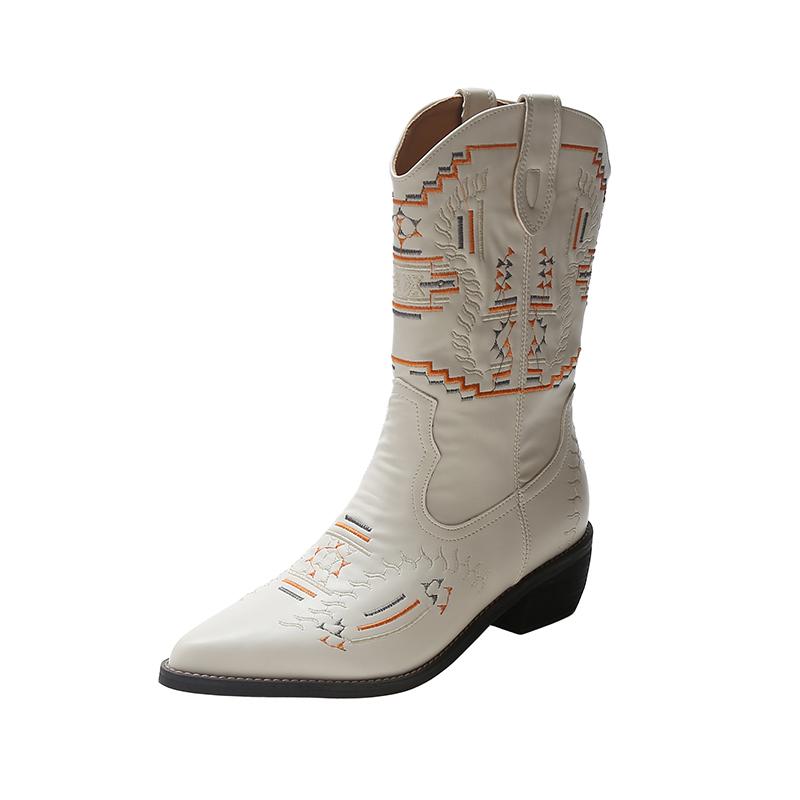 

Женские сапоги Европа и США Большие ярды Модные остроносые сапоги на платформе Толстые сапоги до середины голени Ретро-ковбойские сапоги Martin 42 бежевый