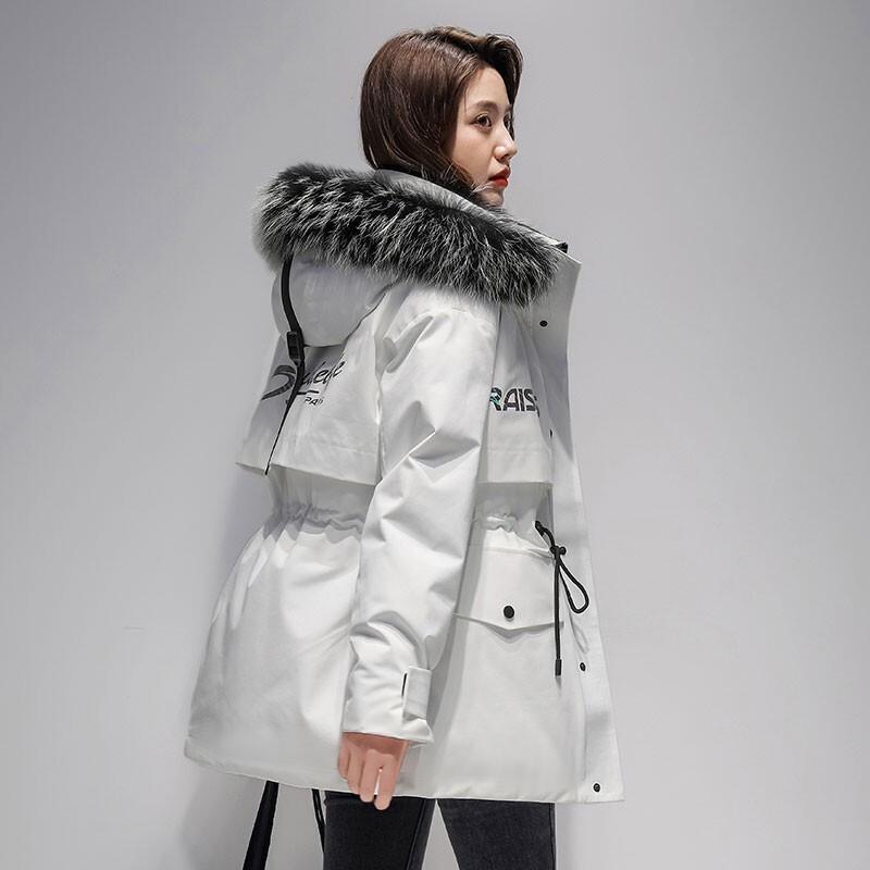 Yiliteng Women's Mid-Length Hooded Down Jacket with Raccoon Fur Trim