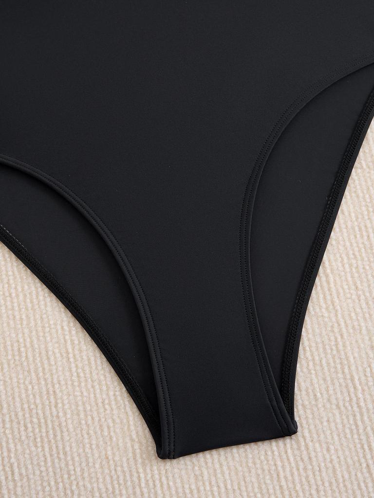 2025 Černé jednodílné plavky na zip: Jednobarevné, Sexy plážové oblečení pro ženy.