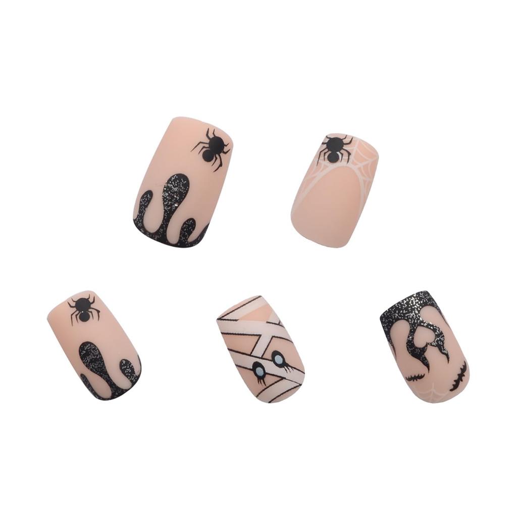 Press on Nails Halloween Square French Tip Fake Nails Mummy and Cobweb Designs Stick on Nail Nude Color Acrylic Nail Halloween Glue on Nails Full