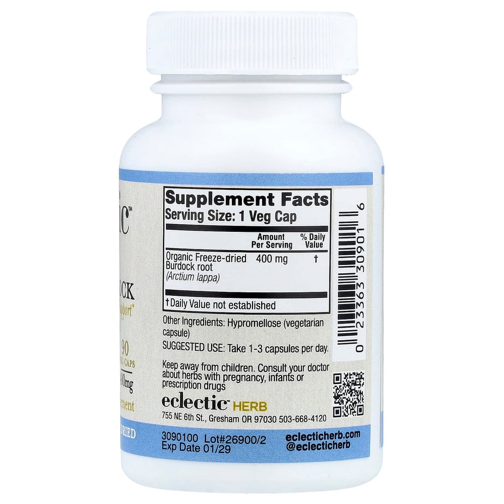 Eclectic Institute Raw Freeze-Dried Burdock, 400mg, Non-GMO Veggie Capsules, 90 Count