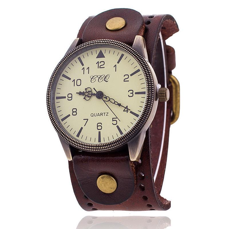 Men s Large Dial Watch with Punk Cowhide Strap - Retro Business Style
