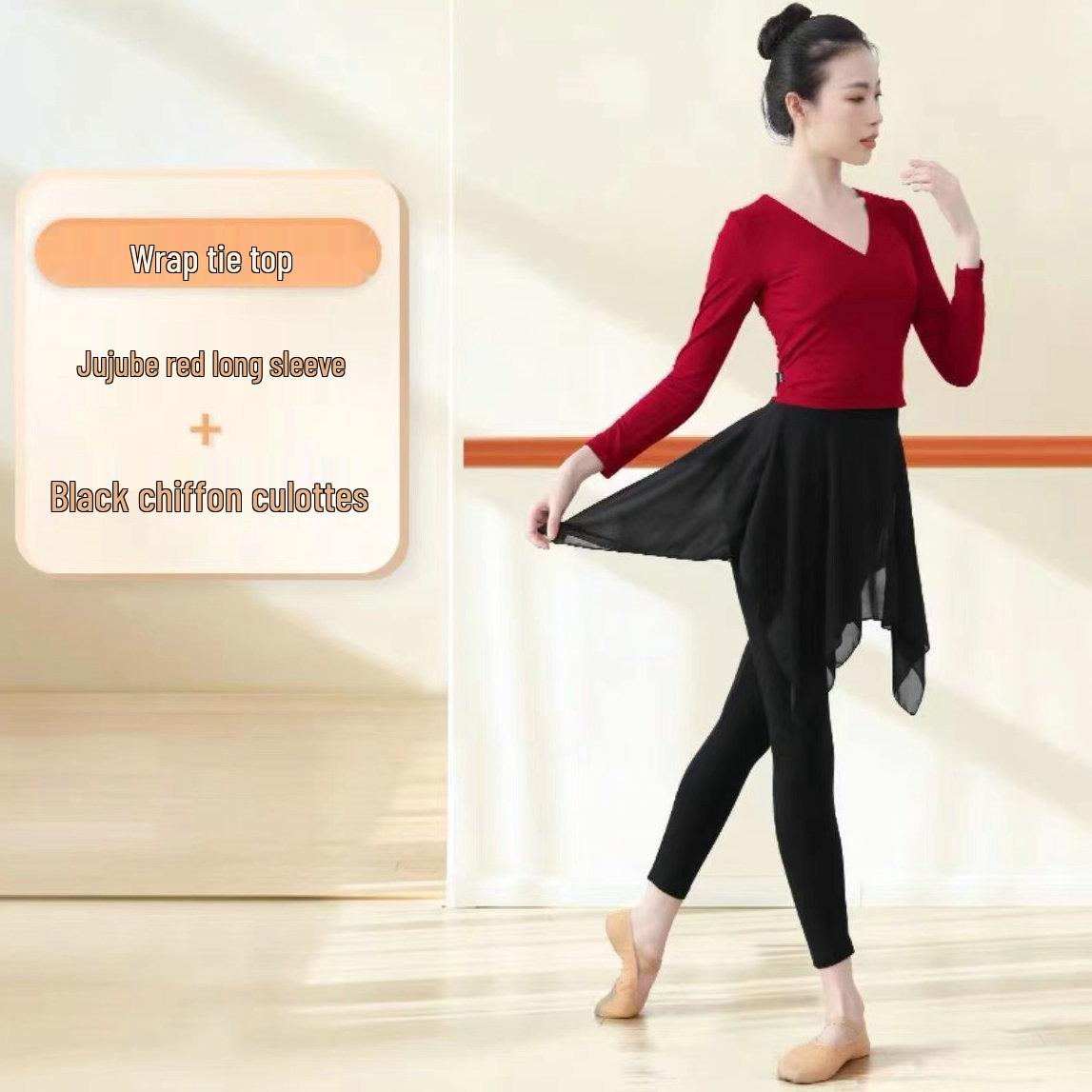 

Костюм для современного танца для женщин: Топ для формирования фигуры с брюками-юбкой для классических, латиноамериканских и народных танцев. L