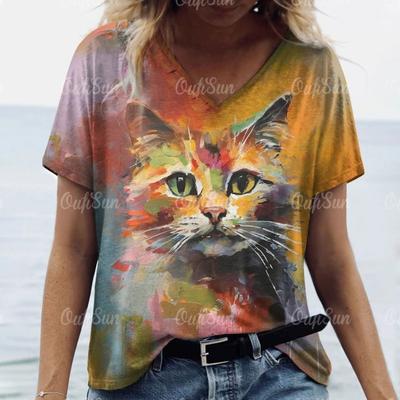 Summer Women's T Shirt Cat Print Casual Short Sleeve 3d T-Shirts Fashion Streetwear Crew Neck Pullover Female Oversized Clothing EMA