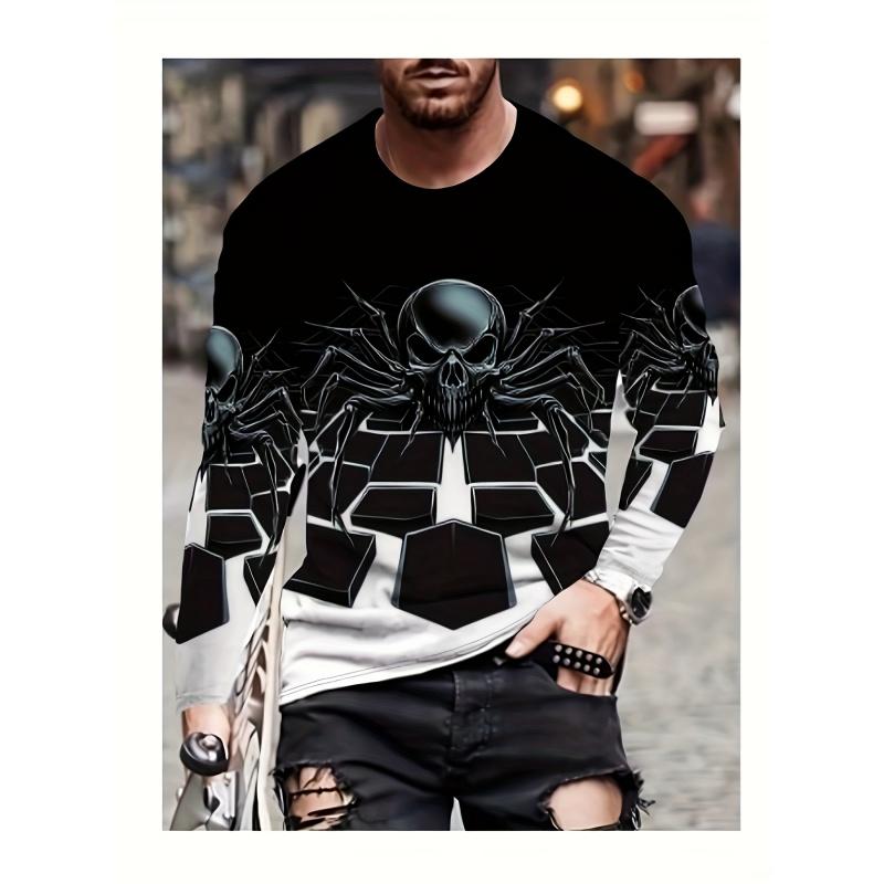 Niedliche abstrakte Monster-Muster T-Shirts für Männer Coole Totenkopf 3D-Druck T-Shirts Herbst Lässige lockere Rundhals-Tops Langarm