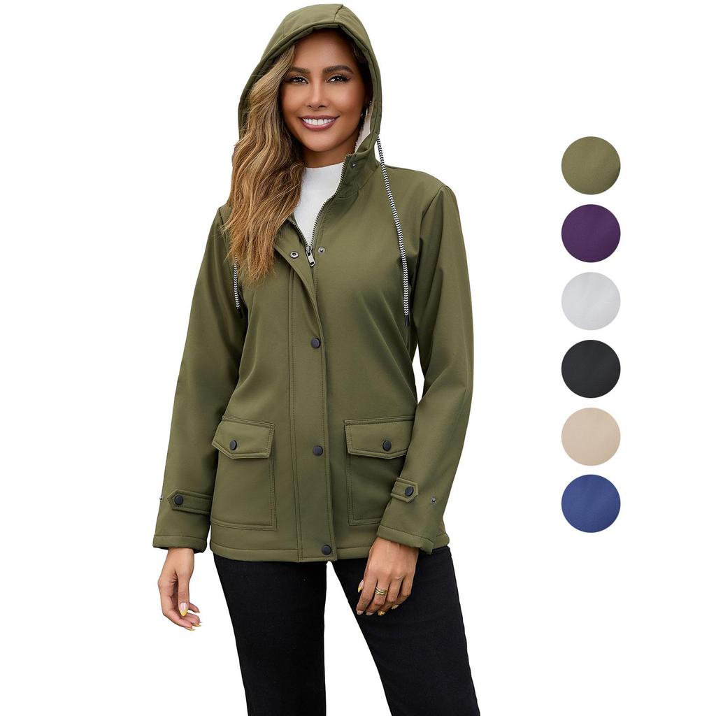 Women’s Trenches Hooded Windbreakers Long Sleeves Fleece Coats Water-resistant Zipper Jackets Autumn Winter Outer Wear