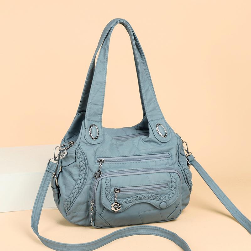 Women's Vintage Leather Shoulder Bag Multi-Zipper Pocket Crossbody Bag with Braided Detail Casual Handbag for  Use for Daily Life and Weekend Outings