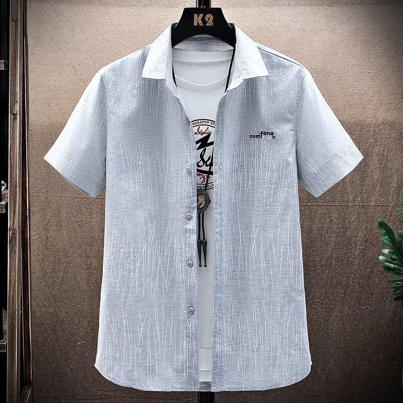 

Летняя мужская рубашка в вертикальную полоску с коротким рукавом, квадратным воротником, тонкая, деловая M серый