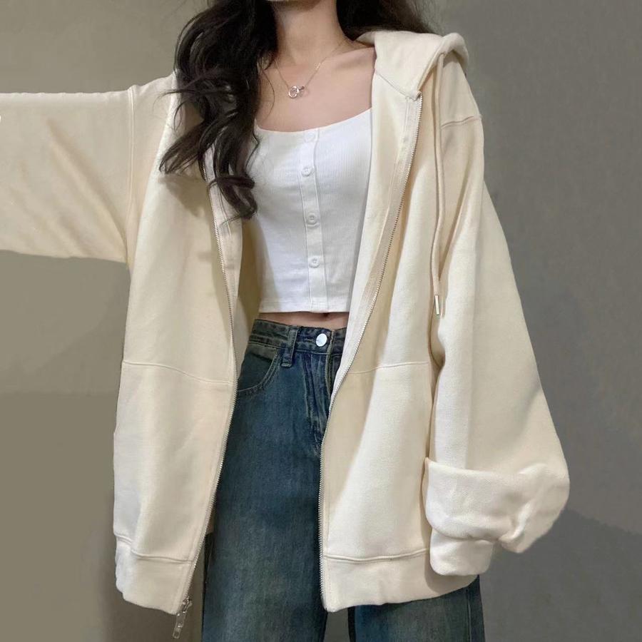Hooded Zip Cardigan Sweatshirt Women Spring Autumn New Korean Style Loose Casual Slim Fit Lazy Style Outerwear