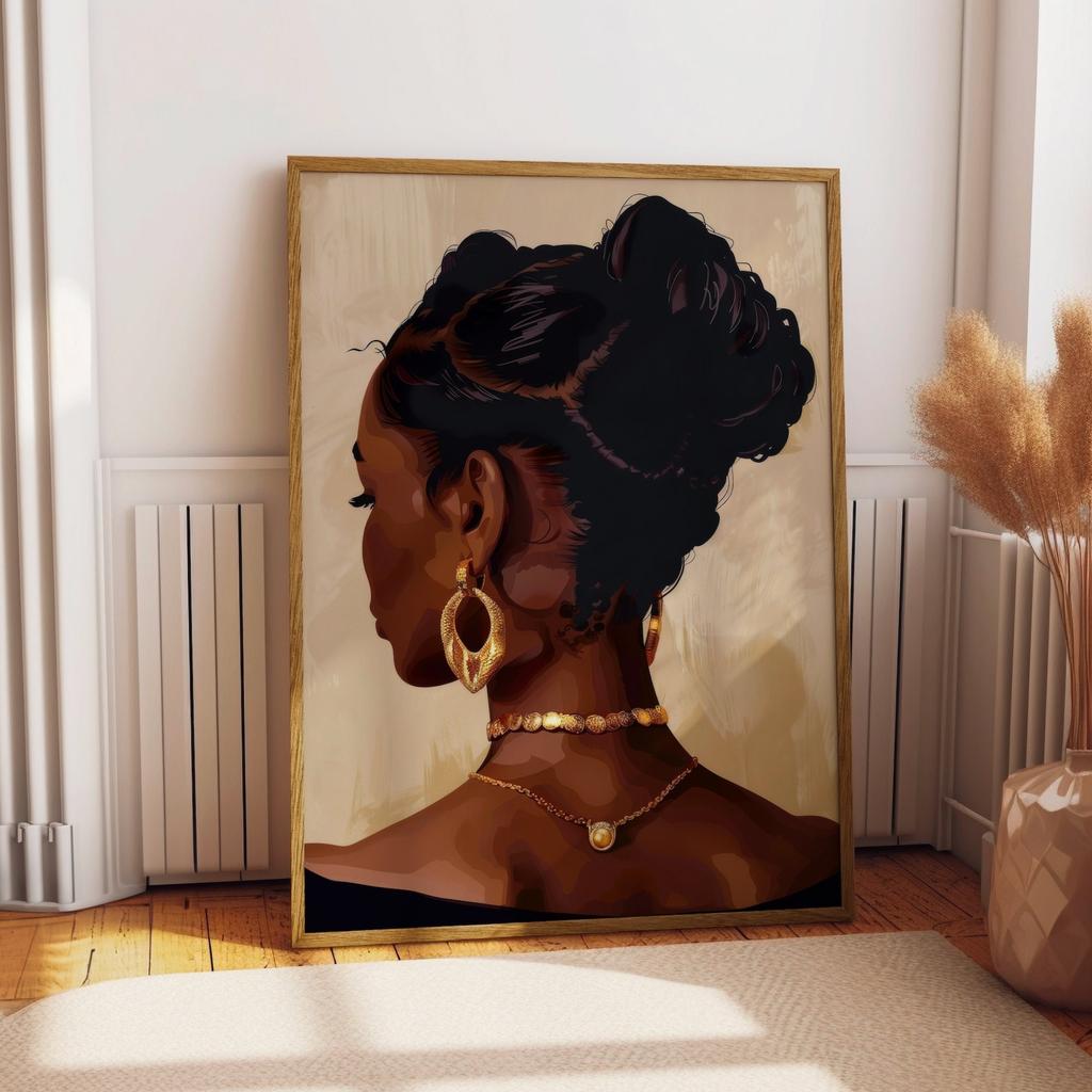 Modern African Black Women Jewelry Necklace Metal Fashion Art Poster Canvas Paintings Wall Art Pictures Home Decor