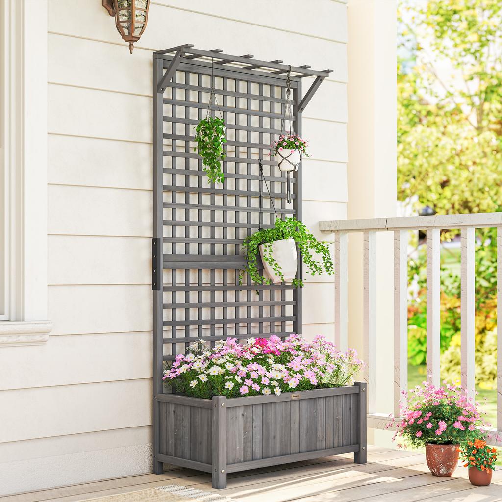 Raised Bed with Drainage Holes, Wood Planter with Trellis for Climbing Plants To Grow Vegetables, Flowers, Dark Grey