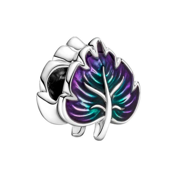 Pandora 925 Silver Purple Green Interleaved Leaf Charm Men Charm 799542C01 Silver, Blue,F