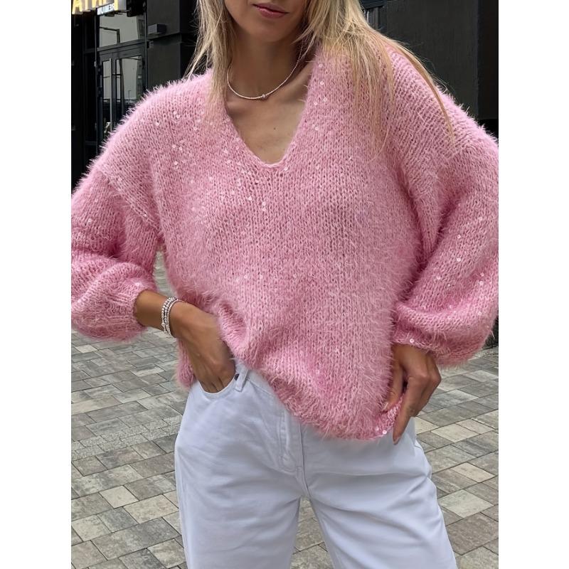 Dames S Roze Losse V-hals Lange Mouwen Gebreide Pullover Trui