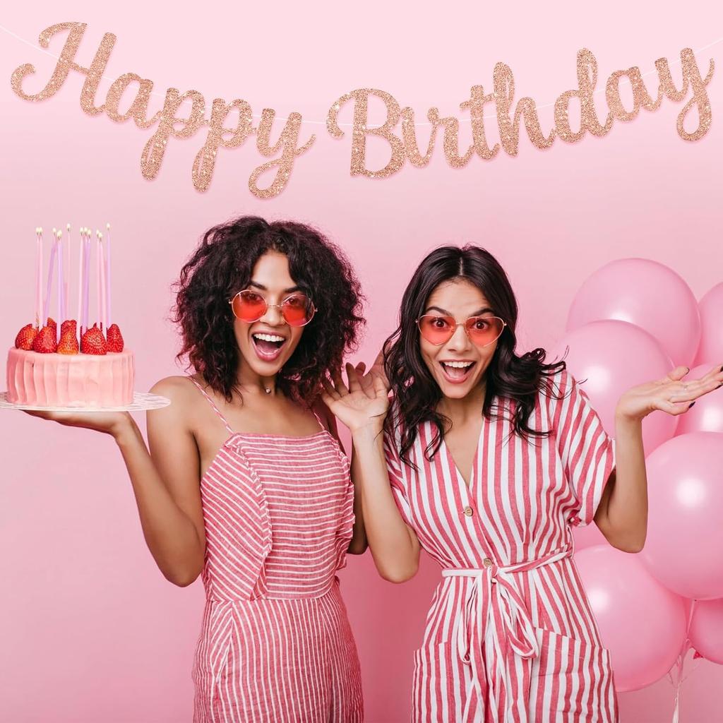 Pre-Strung Rose Gold Happy Birthday Banner NO DIY for Women Men Party Decorations
