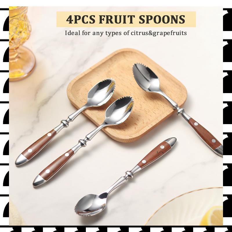 A44U Grapefruit Spoons Kit 4PCS Serrated Grapefruit Spoon, Stainless Steel 18/8 Fruit Spoon Kiwi Spoon Set With Wood Handle как