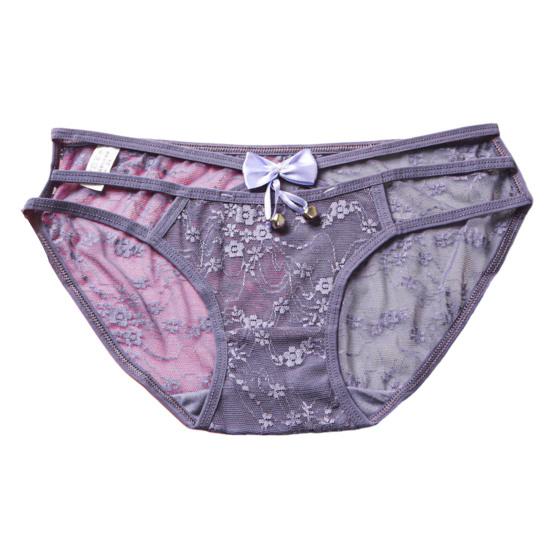 Sexy Embroidery Flower Lace Briefs See-through Solid Color Bowknot Bell Decor