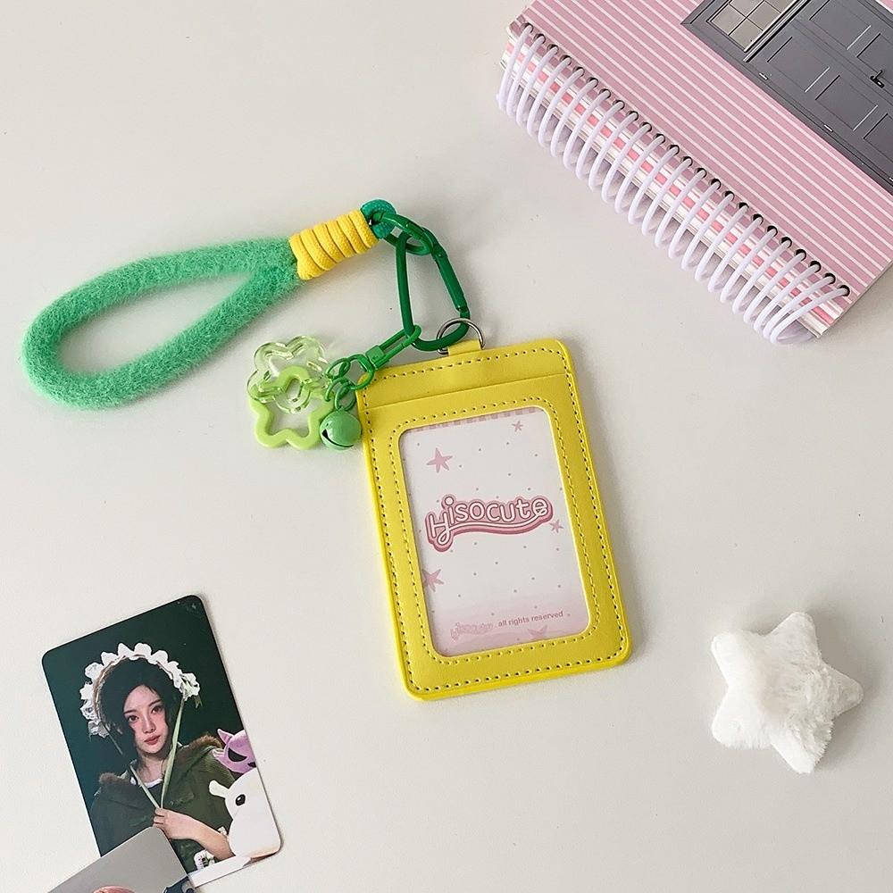 Kawaii PU Leather Card Holder Double Card Slot with Lanyard ID Card Card Holder Photos Protective Cover