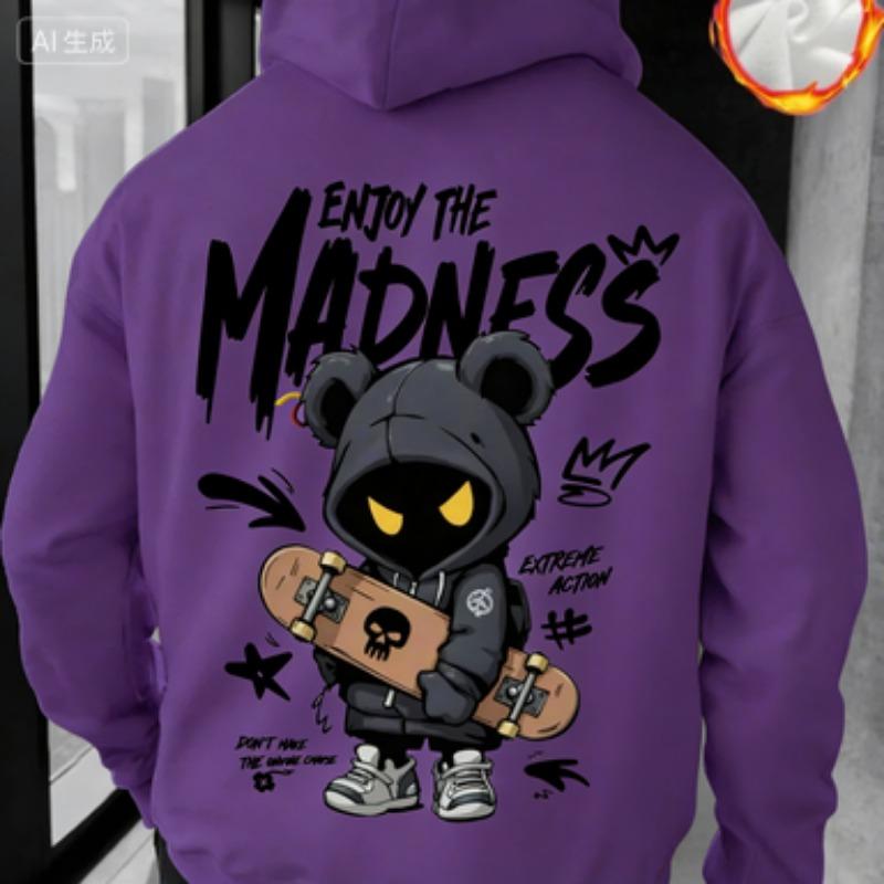 Classic Hand-Drawn Cartoon Character Pattern Letter Print, Fashionable Casual Sports Hoodie, Loose, Comfortable and Warm Style
