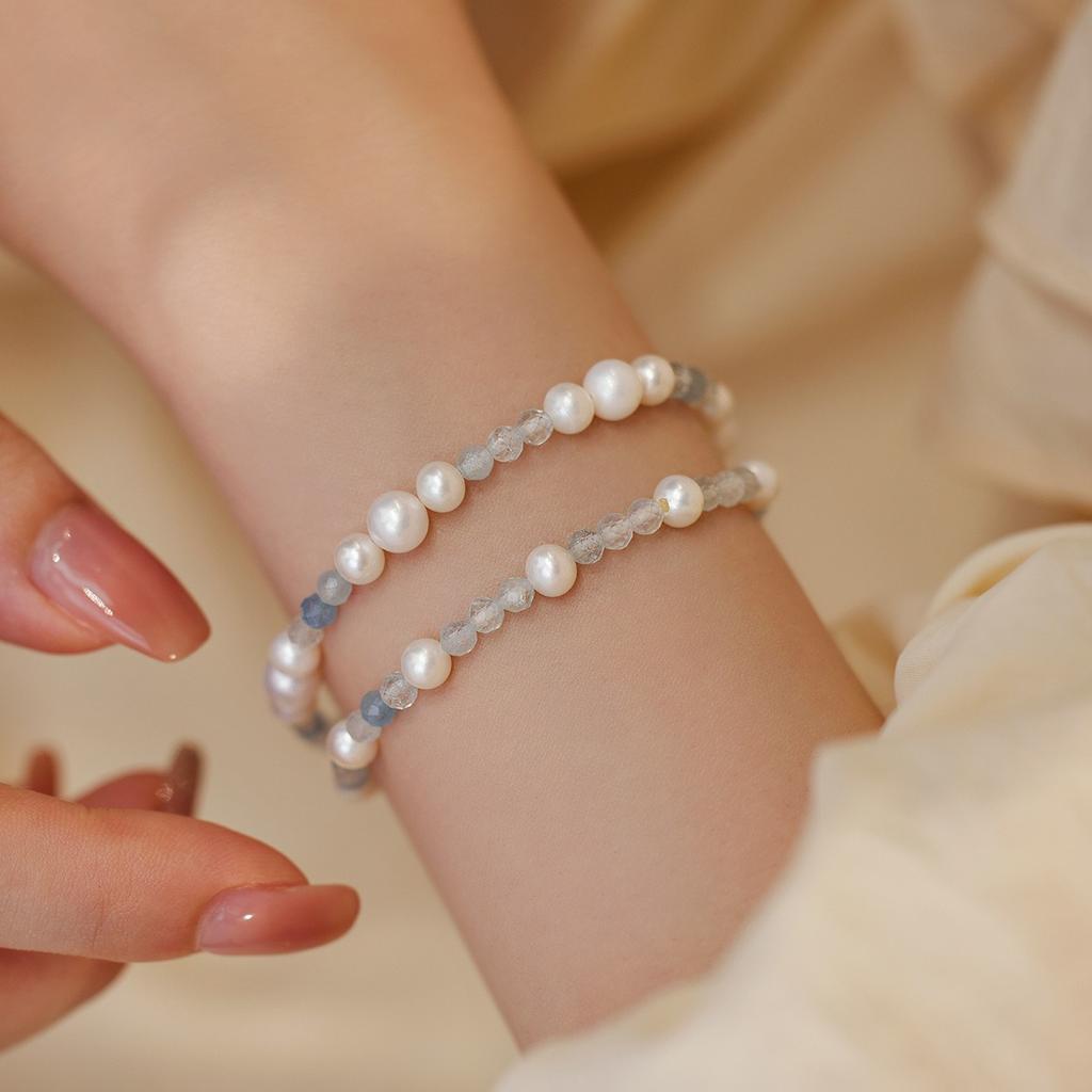 Natural freshwater pearl bracelet, natural aquamarine beaded elastic string bracelet, fresh and stylish fashion jewelry