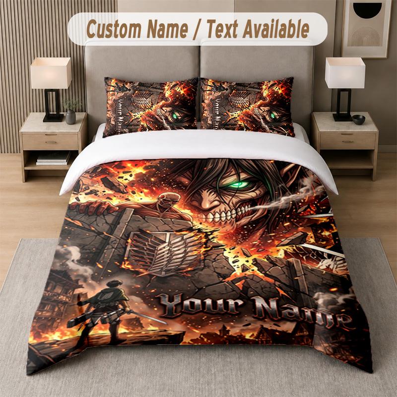 Attack On Titan 3Pcs Bedding Set, Personalized Custom Name Text, 1 Duvet Cover & 2 Pillowcases For Bedroom