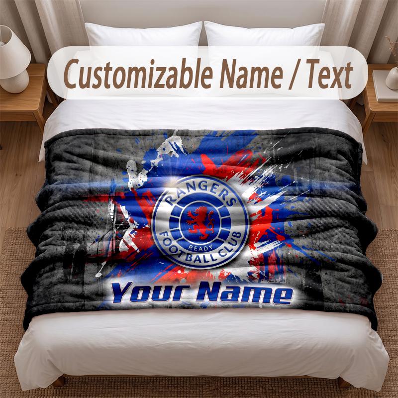 Rangers FC Printed Flannel Blanket Custom Name Text Soft Warm Throw For Bedroom Holiday Gift