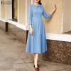 Women Casual Round Neck Solid Color 3/4 Sleeve Midi Dress